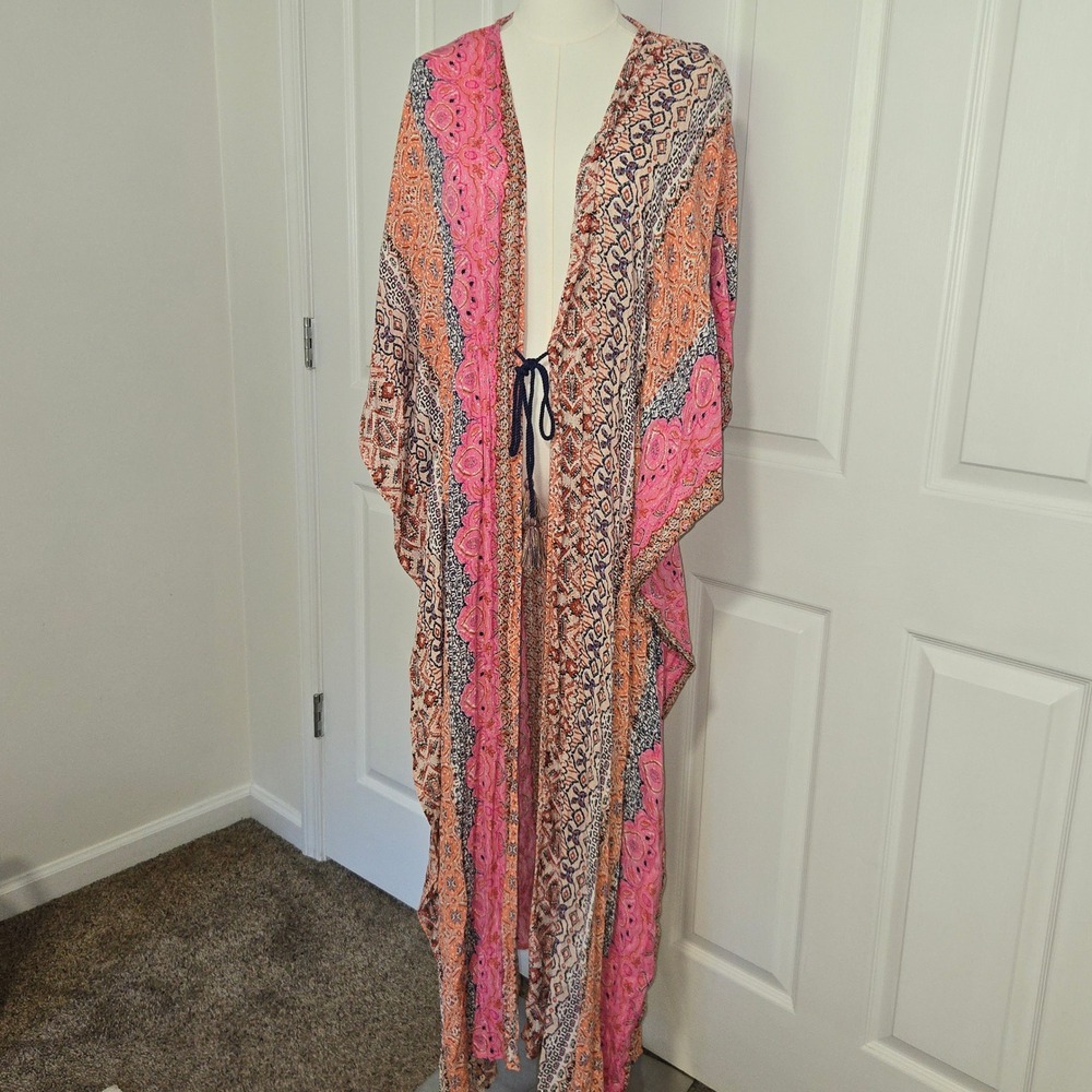 Lovestitch Kimono Women OS Pink Orange Paisley Metallic Duster Maxi Cardigan
